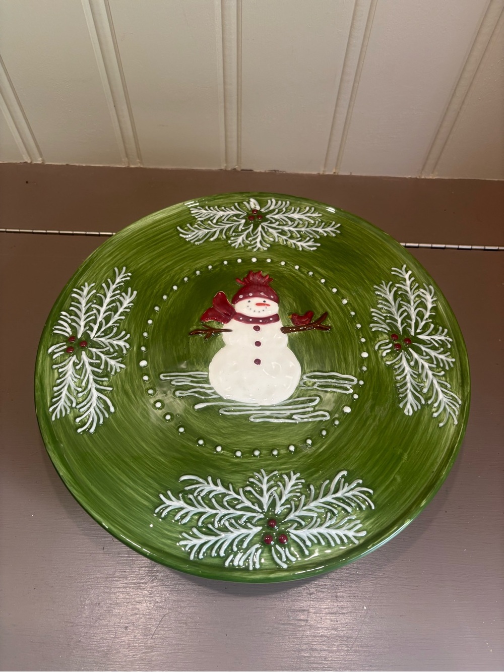 Foreside Home & Garden Green Snowman Ceramic Serving Platter with Red Accents